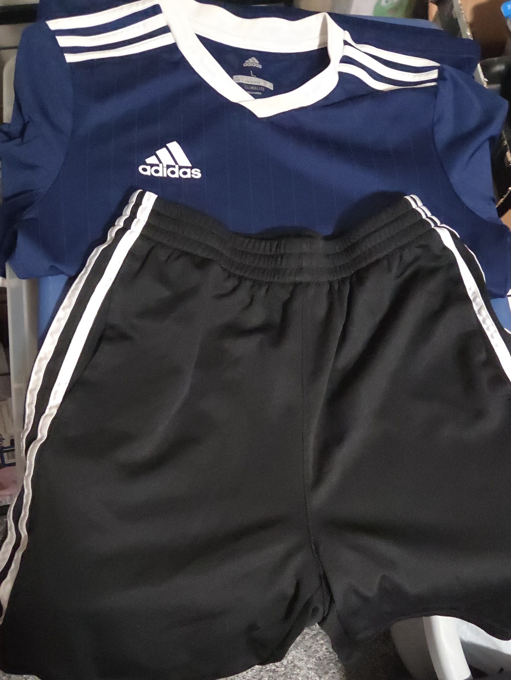 adidas Kids Black Athletic Shorts Black with White Stripes.  Navy Shirt White